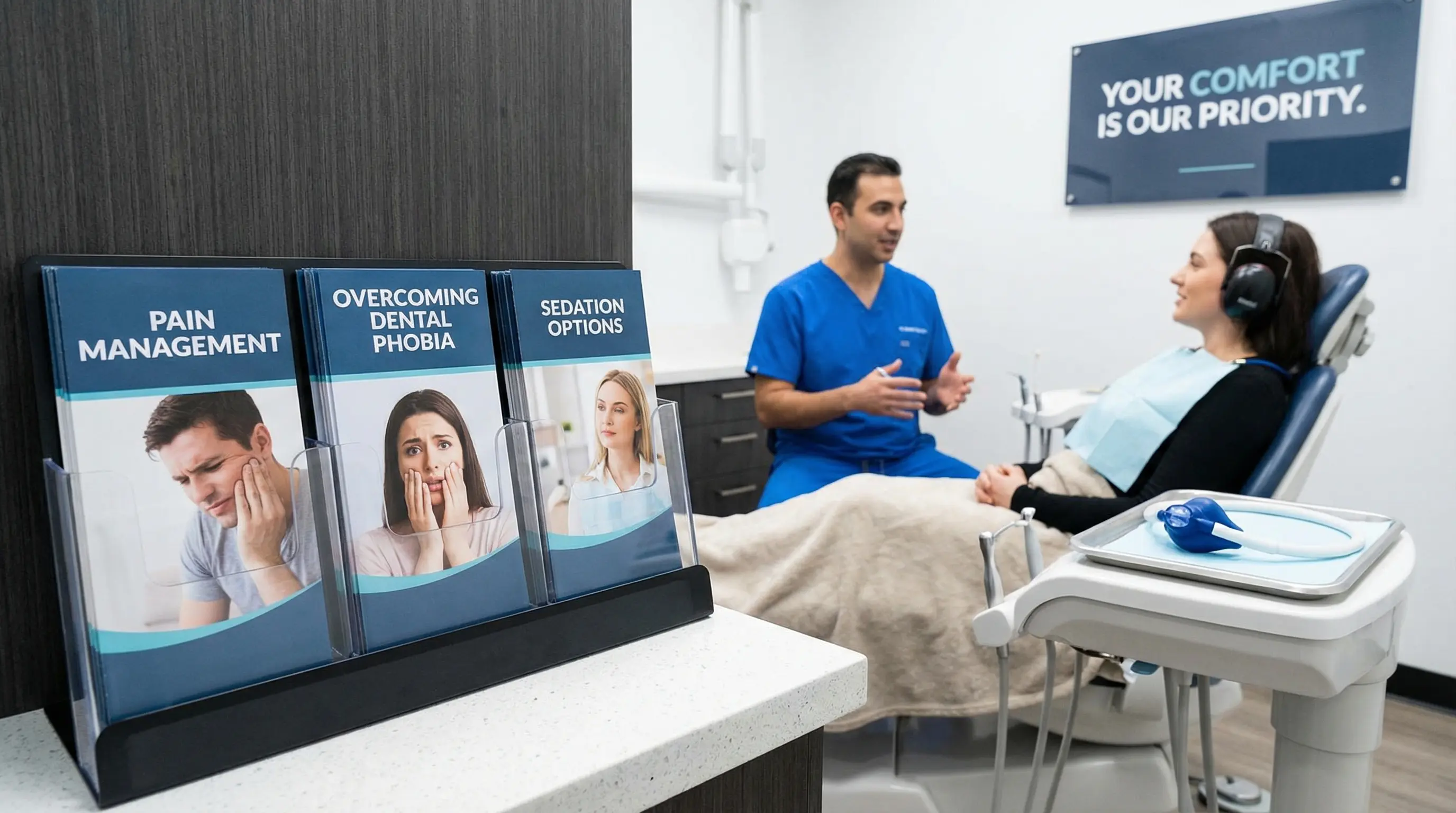 A compassionate dentist reassuring a relaxed patient during a pain-free sedation dentistry session